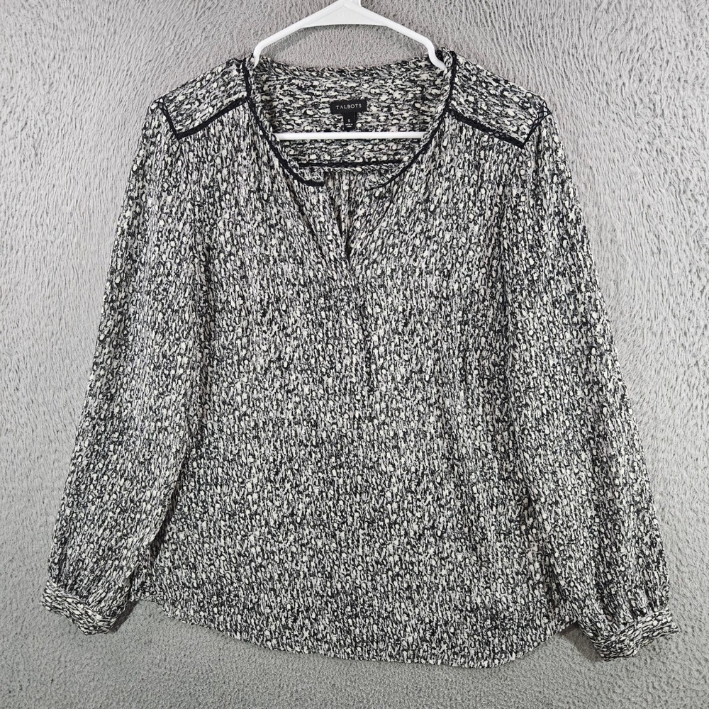 Talbots Womens Small Black White Abstract Print Lace Trim V-Neck Blouse‎ Top S